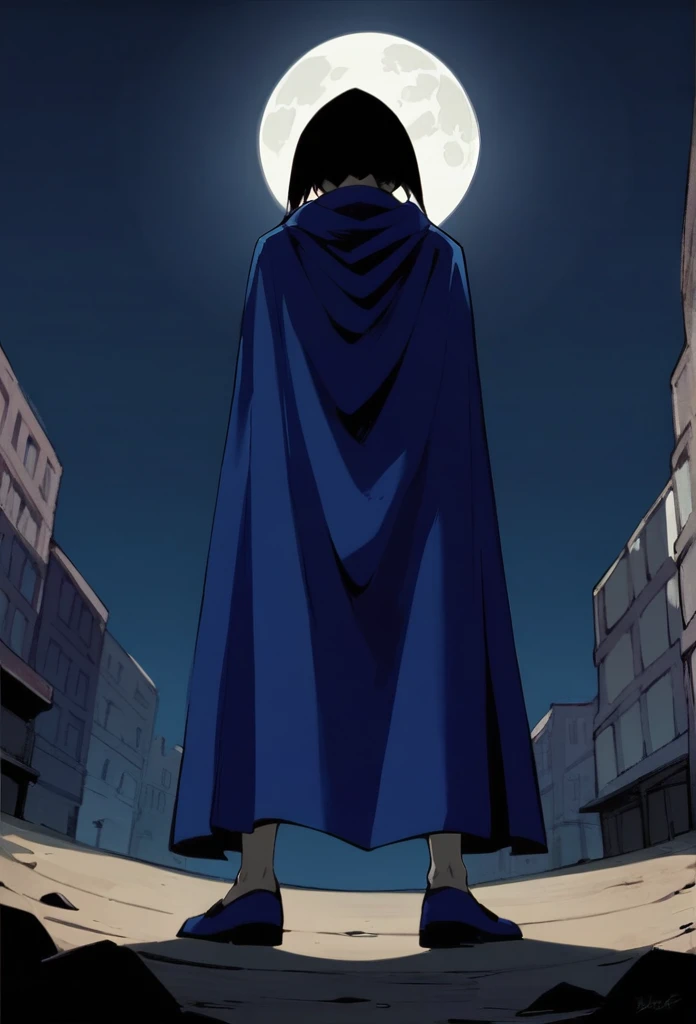 1girl, solo, raven (dc), blue cape covering whole body, long blue cape, cape on the ground, ground, standing, moon, night, hood covered head, from behind, form below, High Resolution, Best Quality, Masterpiece, 