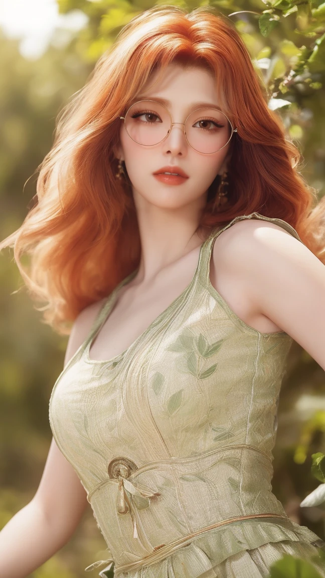 (best quality,ultra-detailed,photorealistic:1.37),vivid colors,studio lighting,beautiful detailed eyes,beautiful detailed lips,extremely detailed eyes and face,long eyelashes,portraits,light orange hair,confident expression,feminine,standing in a garden,soft sunlight,green scenery,flower blossoms,peaceful atmosphere,artistic touch,textured brushstrokes,subtle color variations,brilliant white highlights,delicate movements,graceful pose,slight breeze,rustling leaves,sophisticated style,professional artwork,female beauty.