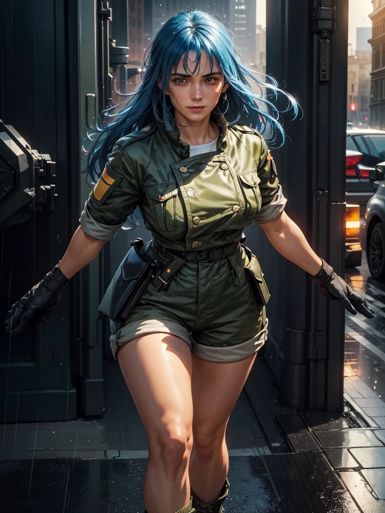 (at night), alone, in a video game scene a background of a beautiful city during the day raining, standing at attention, blue hair, 1 girl, alone, 30 years old, young woman, wears military clothing, military shorts, military boots , military gloves, perfect hands, beautiful and perfect fingers, beautiful legs, perfect legs, beautiful body, beautiful nose, beautiful character design, perfect face, look at the viewer with a serious gesture and in an attack position (focusing on his face) , closed mouth, Light_Smile, official art, extremely detailed CG unity 8k wallpaper, perfect lighting, bright and colorful front lighting, glowing skin (masterpiece: 1.0), (best_quality: 1.0), ultra high resolution, 4K, ultra photography detailed, 8K, HDR, high resolution, nonsense: 1.2, Kodak portra 400, film grain, blurred background, bokeh: 1.2, lens flare, (vibrant_color: 1.2), professional photography, (beautiful_face: 1.5), (narrow waist ),
