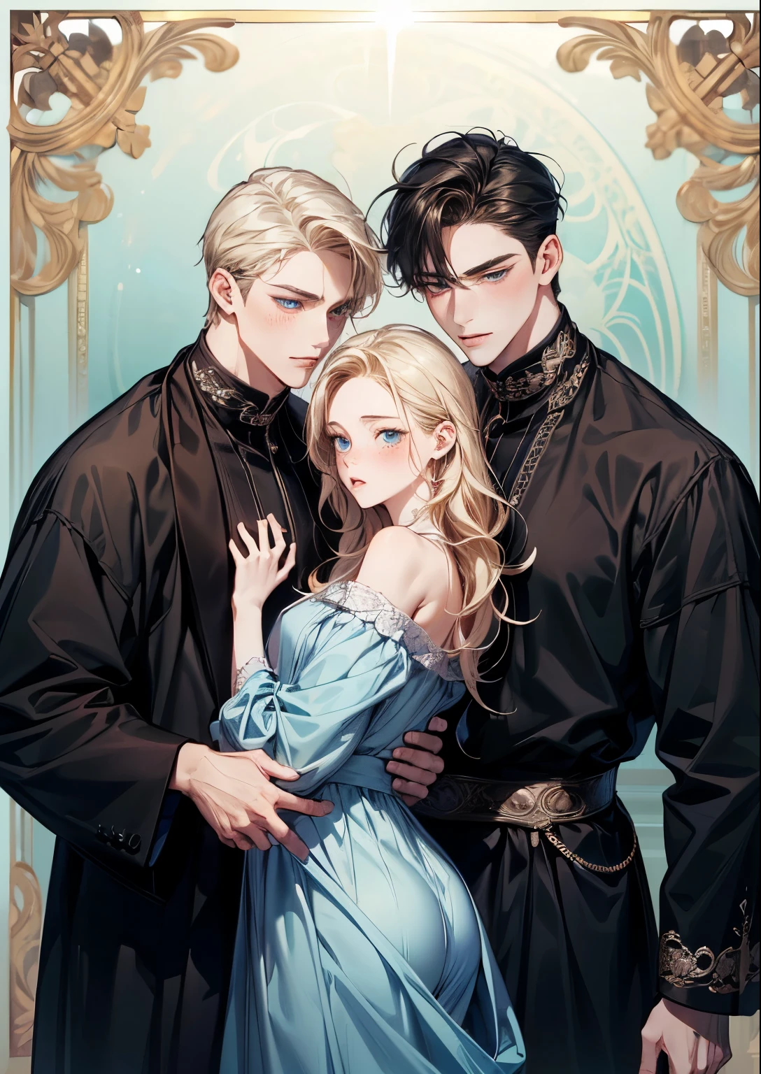 (((full-body view))), ((sexy)), ((girl and two men)), ((dark fantasy)),two mature male, 30-ish, (wide shoulder), ((no chest hair)),man with short black Quiff hair with Soft Fringe, (bangs part on side 3:7 ratio), blue eyes, upper body, short hair, looking at viewer, parted lips, round eyewear, showing a bit of muscles,(( girl with wavy hair, pale skin, long light blond hair),((light blue eyes)), freckles,(girl 18 years old),erotic posing,Gothic background, Dark fantastic view,Best Quality,masutepiece,8K,The ultimate detailed dark background, Top image quality、RAW photography、超A high resolution, overall look is very erotic, round chest, Beautiful Eyes of Details、Very slender eyes、Beautiful eyelashes、Very slim physique, with blush cheeks
