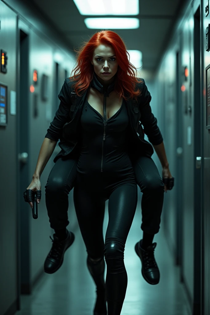 Wide angle environmental shot of cyborg in tidy cyberpunk style home, action shot, sexy cyberpunk clothes, cracked porcelain skin, redhead woman, Amy Adams, vibrant, photorealistic, realistic, dramatic, dark, sharp focus, 8k