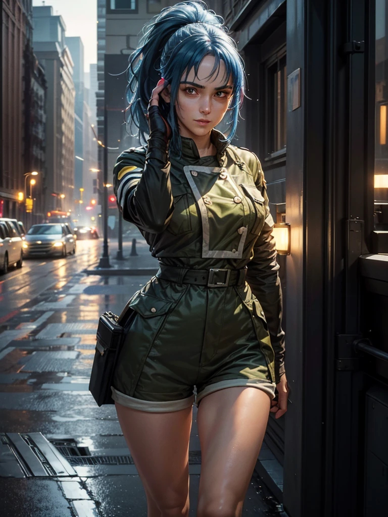 (at night), alone, in a video game scene a background of a beautiful city during the day raining, standing at attention, blue hair, wears a ponytail in her hair, 1 girl, alone, 30 years old, young woman, uses military clothing, military shorts, military boots, military gloves, perfect hands, beautiful and perfect fingers, beautiful legs, perfect legs, beautiful body, beautiful nose, beautiful character design, perfect face, look at the viewer with a serious gesture and in position attack (focusing on your face), closed mouth, Light_Smile, official art, extremely detailed CG unity 8k wallpaper, perfect lighting, bright and colorful front lighting, glowing skin (masterpiece: 1.0), (best_quality: 1.0), ultra high resolution, 4K, ultra detailed photography, 8K, HDR, high resolution, nonsense: 1.2, Kodak portra 400, film grain, blurred background, bokeh: 1.2, flare lens, (vibrant_color: 1.2), professional photography, (beautiful_face: 1.5), (narrow waist),
