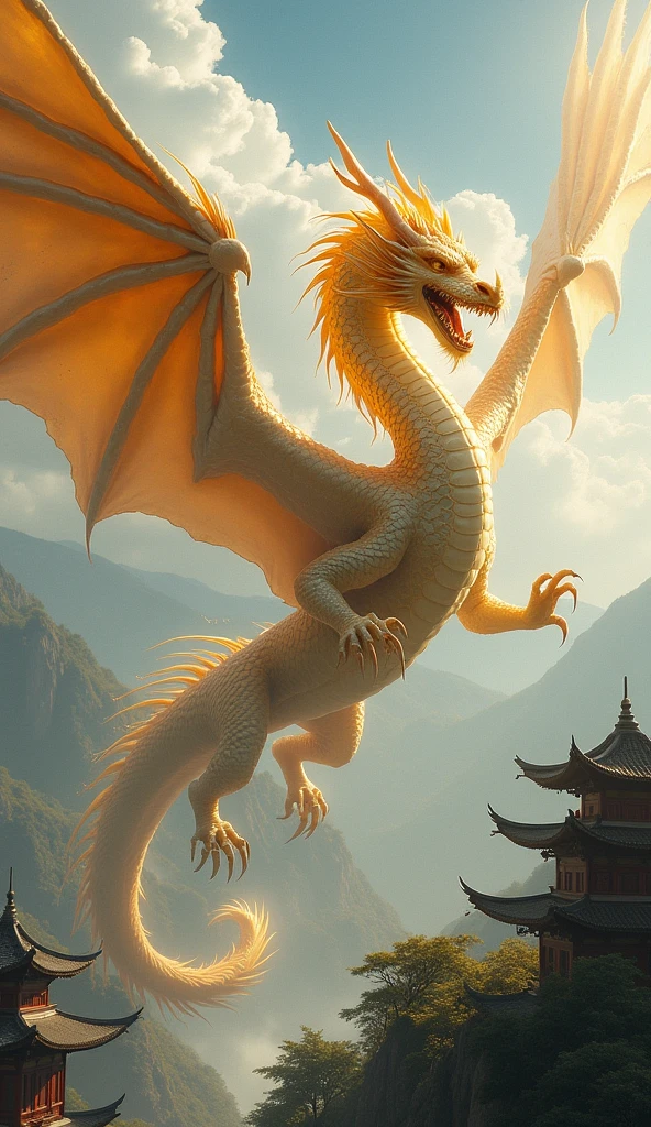 Highest quality、 Ultra-high resolution、4K Ultra HD、A white dragon with golden scales、The Golden Temple、Japanese style、Gold background、Increase your luck with money