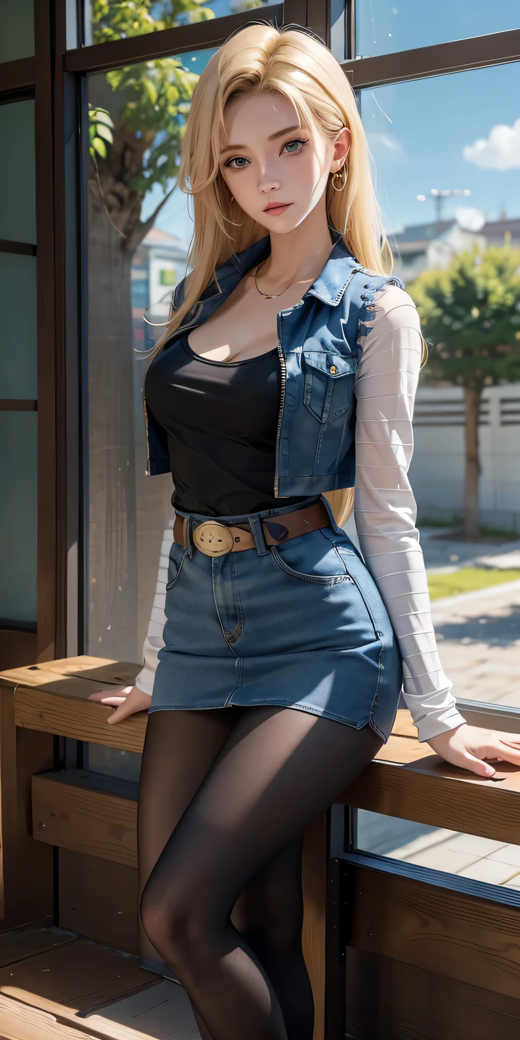 One girl wears a denim skirt and a Black T-shirt with high cleavage shirt standing in front of the window, Young beautiful amouranth, hyper realistic anime, seductive anime girl, perfect android girl, photorealistic perfect body, realistic anime 3d style, beautiful blonde girl, beautiful alluring anime woman, hyperrealistic schoolgirl, sexy look, cyberpunk 2 0 y. o model girl, attractive anime girl, Android 18 solo, Middle blonde hair that comes down to the uvula line, Light Blonde hair, Blue Transparent eyes of Slavic Caucasians, The flash in the eyeballs is brilliant, Wearing round earrings, Tight Long sleeves with black stripes on a white background, Blue denim mini vest, Blue denim mini skirt, The denim skirt's zipper seam line and stitching run vertically straight to the bottom of the skirt, Open-chested denim vest, Large breasts, Women's Western Cowboy Belt, Brown see-through pantyhose, Western short boots, Looking at viewer, Her whole body is visible on the screen, Her entire body is visible on the screen, from her head to her boots, On a bench, Slight smiling with closed lips standing next to bench , Blue sky, , outside, park, grass, Summer, trees, blue sky, high quality, masterpiece,