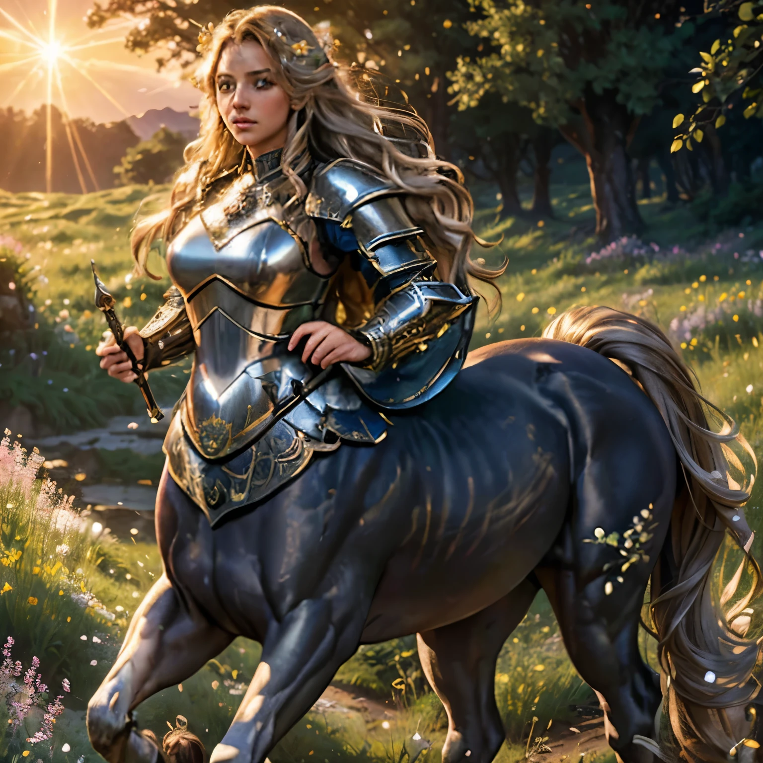 a majestic centaur girl,long wavy hair,shining medieval armor,field of flowers,dawn,golden light,detailed face and features,1girl,intricate details,cinematic lighting,photorealistic,masterpiece,(best quality,8k,extremely detailed,ultra-detailed),(realistic:1.4),(fantasy,magical,enchanting,dramatic)