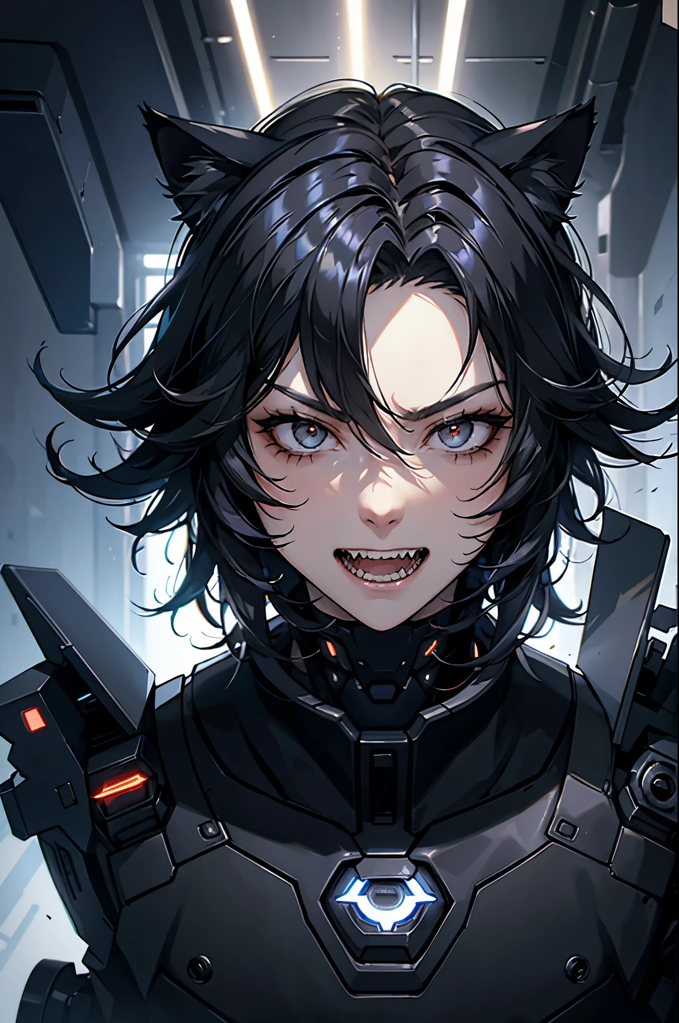 Boy, cat ears, black hair, messy hair, futuristic mask, cybernetic, sharp teeth, HD.