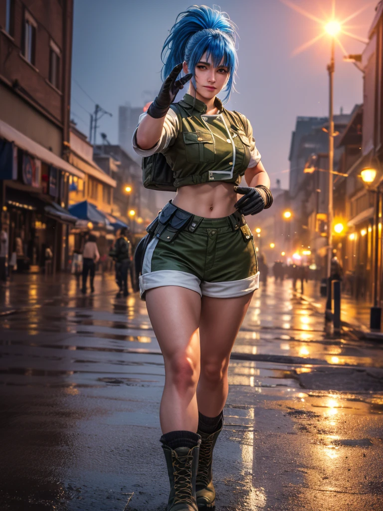 (at night), alone, in a video game scene a background of a beautiful city during the day raining, standing at attention, blue hair, wears a ponytail in her hair, 1 girl, alone, 30 years old, young woman, uses military clothing, military shorts, military boots, military gloves, military navel blouse, perfect hands, beautiful and perfect fingers, beautiful legs, perfect legs, beautiful body, beautiful nose, beautiful character design, perfect face, look at the viewer with a serious gesture and in attack position (focusing on his face), closed mouth, Light_Smile, official art, extremely detailed CG unity 8k wallpaper, perfect lighting, bright and colorful front lighting, glowing skin (masterpiece: 1.0), ( best_quality: 1.0), ultra high resolution, 4K, ultra detailed photography, 8K, HDR, high resolution, nonsense: 1.2, Kodak portra 400, film grain, blurred background, bokeh: 1.2, lens flare, (vibrant_color: 1.2) , professional photography, (beautiful_face: 1.5), (narrow waist),
