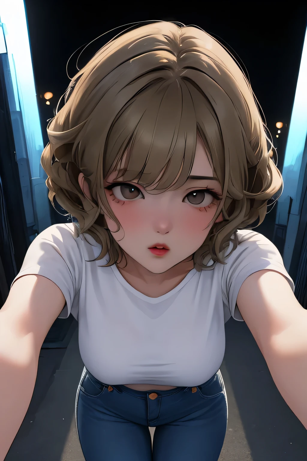 Masterpiece, Best Quality, Coloured image,Hi-Res, source_anime, (good_hands:0.9) , 1girl, black eyes, focused eyes, silver light brown coloured hair, short curly hair, white shirt, medium breast, curvy body, blue jeans, incoming hug, kiss pov, from above.stand, High Contrast Glossy Oily Skin, street, shy , pov kiss, thick lips, outdoor, dramatic shadows, cinematic lighting, (light particles:0.8)