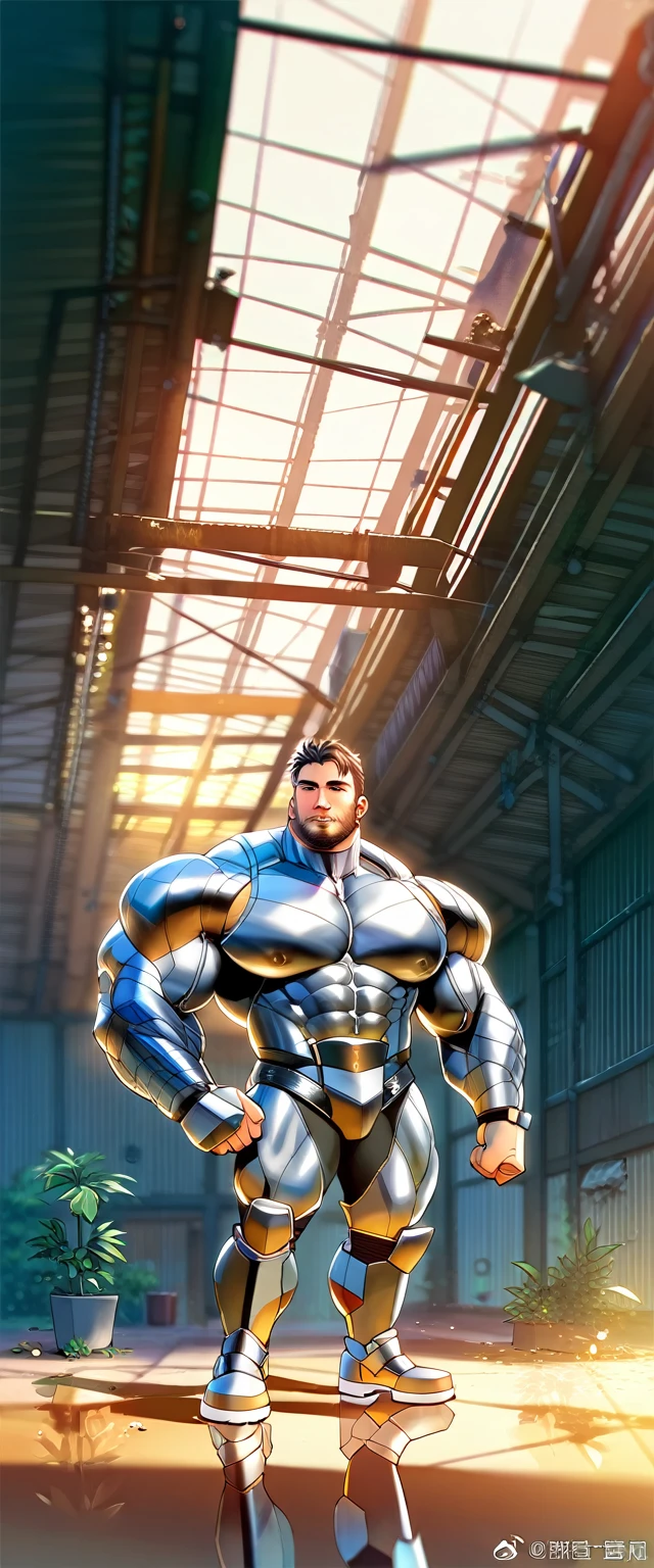  A bearded argentinan man wearing a high-tech futuristic mecha suit, reflective metal,  standing in an abandoned dilapidated warehouse ,  intricate mechanical armor, barechested, big pectorals, perfect abs, balanced anatomy, handsome, Big crotch, vacation, selective focus, European cinema,  bright flash photograph ,  backlight, outdoors, plants, post-apocalyptic,  close,   dynamic movement  , realistic,  Best quality ,  detailed background,  depth of field ,  intricate details, ( huge muscles :1.2), ( big pecs ), ( puffy nipples),  Dynamic pose, dynamic angle