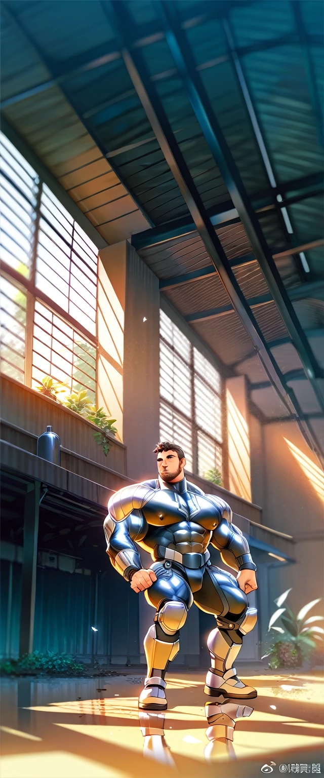  A bearded argentinan man wearing a high-tech futuristic mecha suit, reflective metal,  standing in an abandoned dilapidated warehouse ,  intricate mechanical armor, barechested, big pectorals, perfect abs, balanced anatomy, handsome, Big crotch, vacation, selective focus, European cinema,  bright flash photograph ,  backlight, outdoors, plants, post-apocalyptic,  close,   dynamic movement  , realistic,  Best quality ,  detailed background,  depth of field ,  intricate details, ( huge muscles :1.2), ( big pecs ), ( puffy nipples),  Dynamic pose, dynamic angle