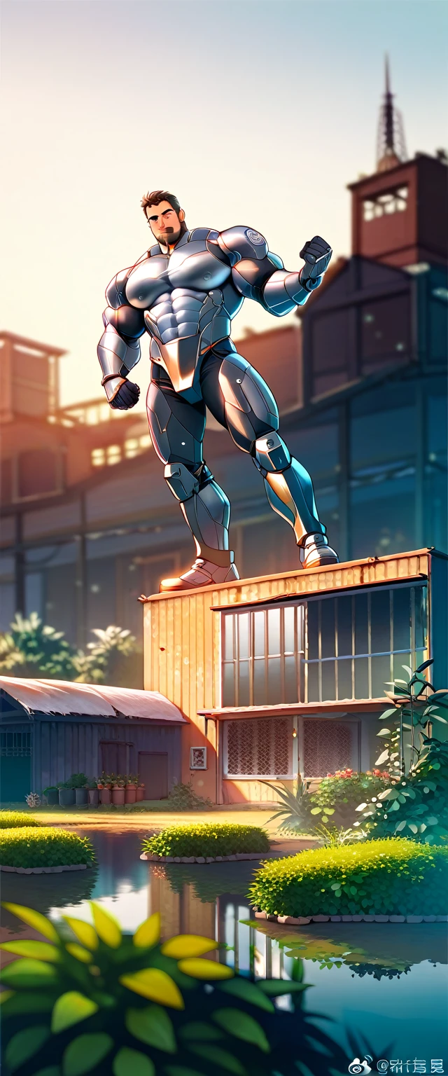  A bearded argentinan man wearing a high-tech futuristic mecha suit, reflective metal,  standing in an abandoned dilapidated warehouse ,  intricate mechanical armor, barechested, big pectorals, perfect abs, balanced anatomy, handsome, Big crotch, vacation, selective focus, European cinema,  bright flash photograph ,  backlight, outdoors, plants, post-apocalyptic,  close,   dynamic movement  , realistic,  Best quality ,  detailed background,  depth of field ,  intricate details, ( huge muscles :1.2), ( big pecs ), ( puffy nipples),  Dynamic pose, dynamic angle