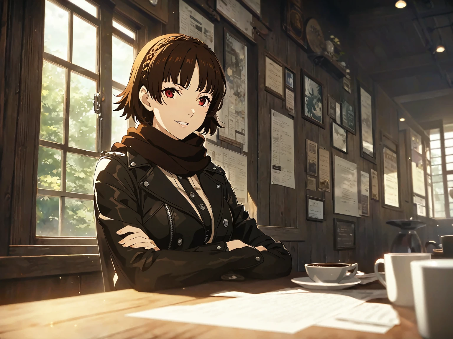 dsmakoto, brown hair, short hair, crown braid, red eyes, leather jacket, scarf, vest, 1girl, solo
BREAK
sitting, cafe, indoors, window, coffee, smile, parted lips, upper body, depth of field, cinematic, game cg, anime screencap, official art, masterpiece, best quality
