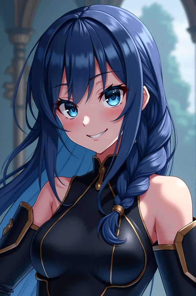 ray tracing, vibrant colors, girl, (masterpiece, sharp focus, best quality, depth of field, cinematic lighting), detailed outfit, perfect eyes, rich in details and textures, fantasy world, red eyes, blue hair, colored inner hair, outdoors, very long hair, hair between eyes, dark skin, smile