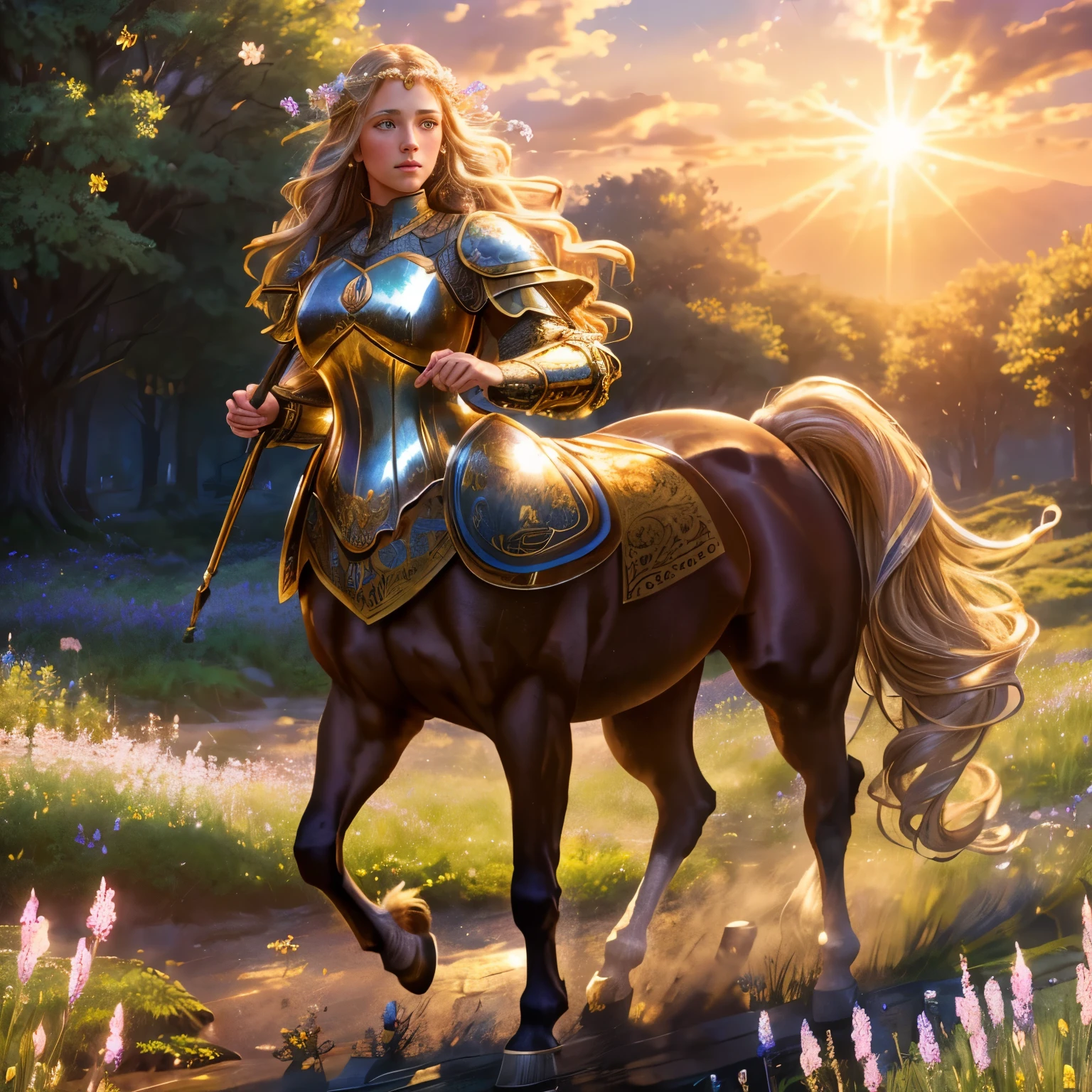 a majestic centaur girl,long wavy hair,shining medieval armor,field of flowers,dawn,golden light,detailed face and features,1girl,intricate details,cinematic lighting,photorealistic,masterpiece,(best quality,8k,extremely detailed,ultra-detailed),(realistic:1.4),(fantasy,magical,enchanting,dramatic)