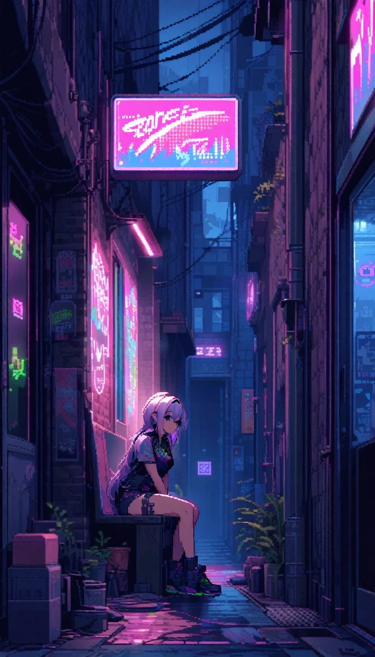 score_9, score_8_up, score_7_up, score_6_up, masterpiece, high quality, best quality, pixel art, 1girl, sitting by the window, back alley, neon light, night street, wide shot, neon light illuminates the room