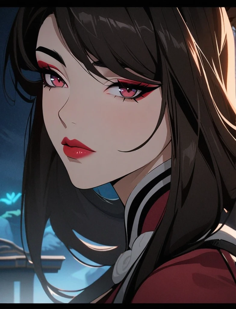 a close up of a woman in a red dress with a sword, ahri, ahri from league of legends, portrait of ahri, onmyoji detailed art, onmyoji, samira from league of legends, extremely detailed artgerm, style artgerm, artgerm detailed, artgerm style, as seen on artgerm, (huge breast: 1.8)