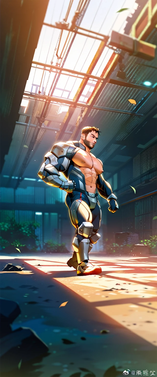  A bearded argentinan man wearing a high-tech futuristic mecha suit, reflective metal,  standing in an abandoned dilapidated warehouse ,  intricate mechanical armor, barechested, big pectorals, perfect abs, balanced anatomy, handsome, Big crotch, vacation, selective focus, European cinema,  bright flash photograph ,  backlight, outdoors, plants, post-apocalyptic,  close,   dynamic movement  , realistic,  Best quality ,  detailed background,  depth of field ,  intricate details, ( huge muscles :1.2), ( big pecs ), ( puffy nipples),  Dynamic pose, dynamic angle