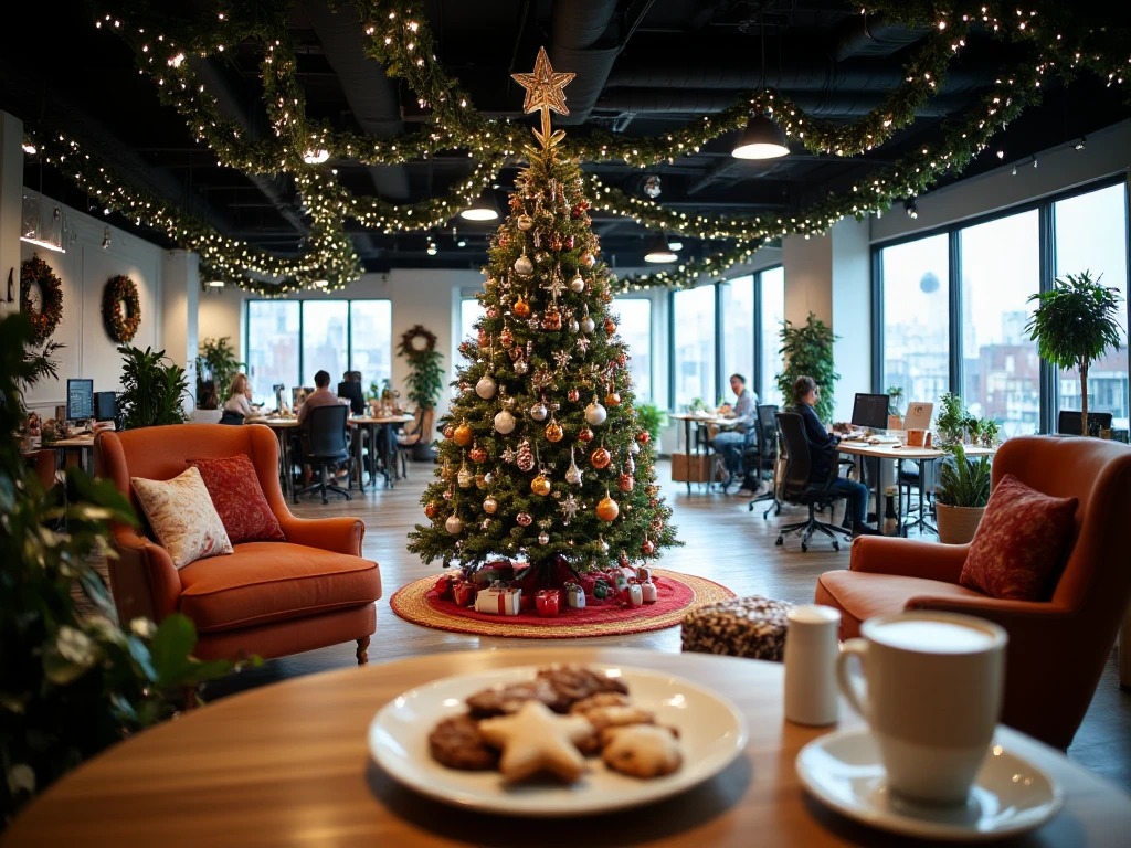 (Panoramic picture), (high expanse),wide-angle, (large office of an IT company, decorated for Christmas), with a large Christmas tree in the center, decorated with baubles in orange, white and silver, festive decorations such as garlands, wreaths, fairy lights, poinsettias and pine cones are scattered around the room, several workstations with laptops visible, in the foreground a cozy sitting area with comfortable armchairs, on the table is a plate with a selection of Christmas cookies, a simple white cup with steaming coffee, warm and festive atmosphere, very detailed and realistic, A fully sharp and highly detailed image, with all areas in focusformat 1024x1080, 300 DPIfull sh