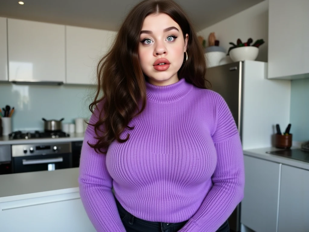 Gina in the kitchen modeling a purple sweater, full body shot. 