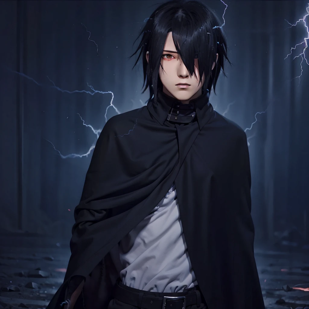 Sasuke uciha, 1boy, grey shirt, black cloak, black hair, red eyes, blue lightning backround