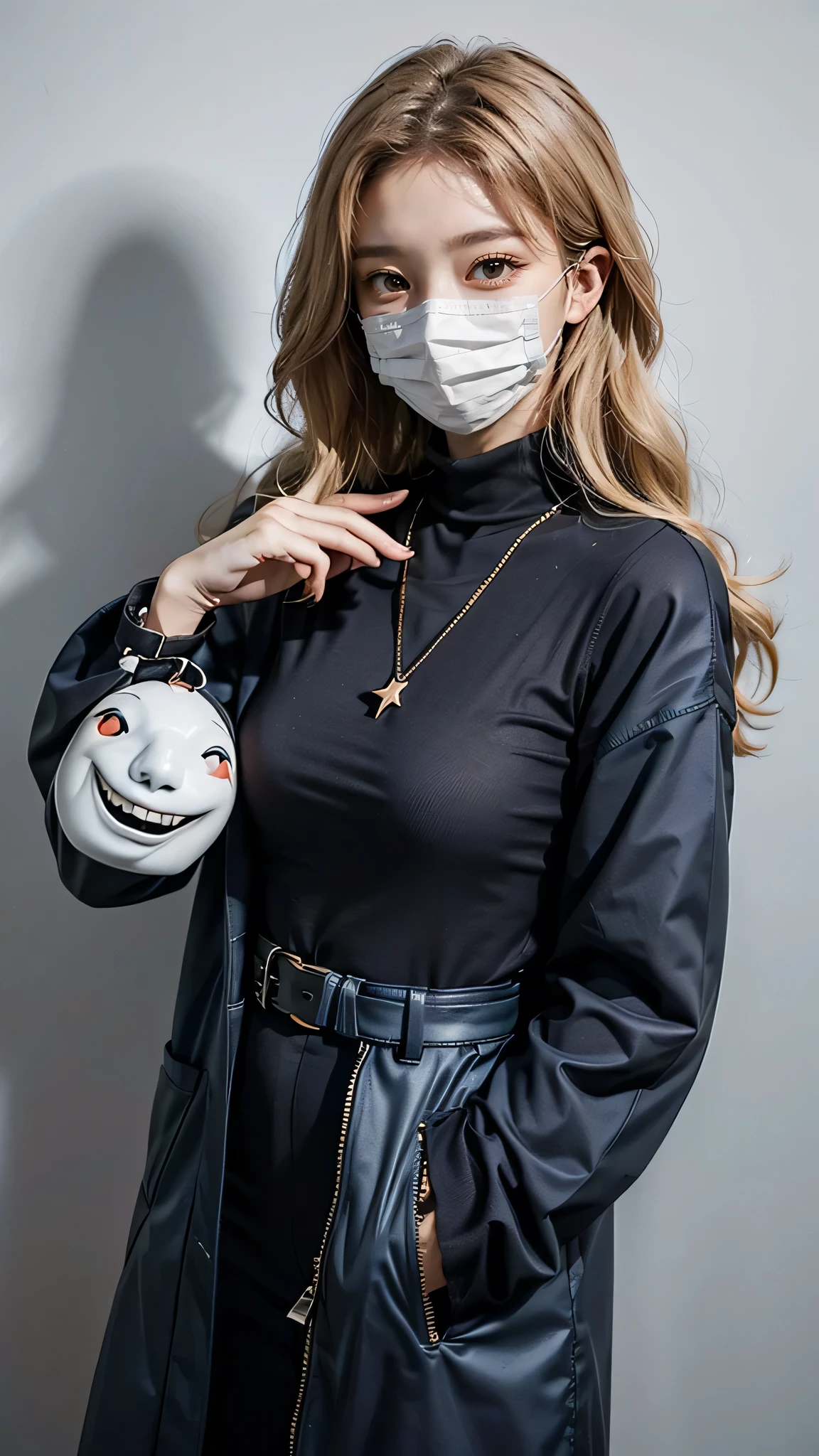 Create a realistic image of the Slit-Mouthed Woman (Kuchisake-onna). She has long black hair and is wearing a white mask, underneath which her terrifying slit mouth is hidden. The background should depict a dimly lit street corner or alley, creating a creepy atmosphere. She is wearing a red coat and holding a large pair of scissors. The overall image should convey a sense of horror.