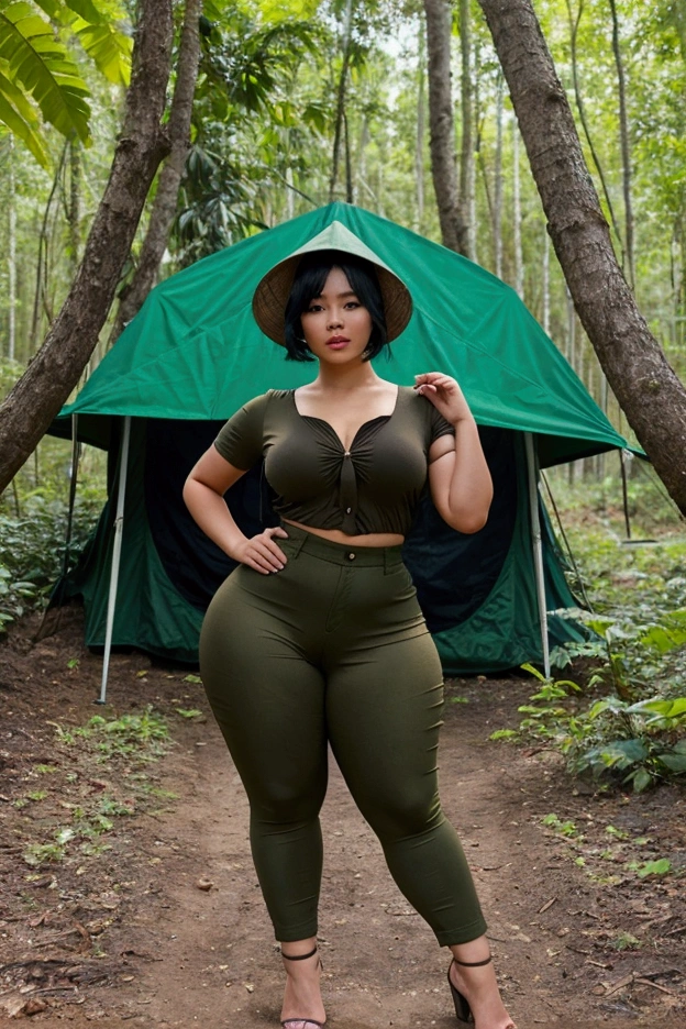 One black haired vietnamese women, huge amazing ass, thick thighs, bbk, pretty feminine face, small waist, 29 years old, short black hair, wearing green blouse, brown cargopants, green buckethat, standing in a beautifiul forest infront of a tent