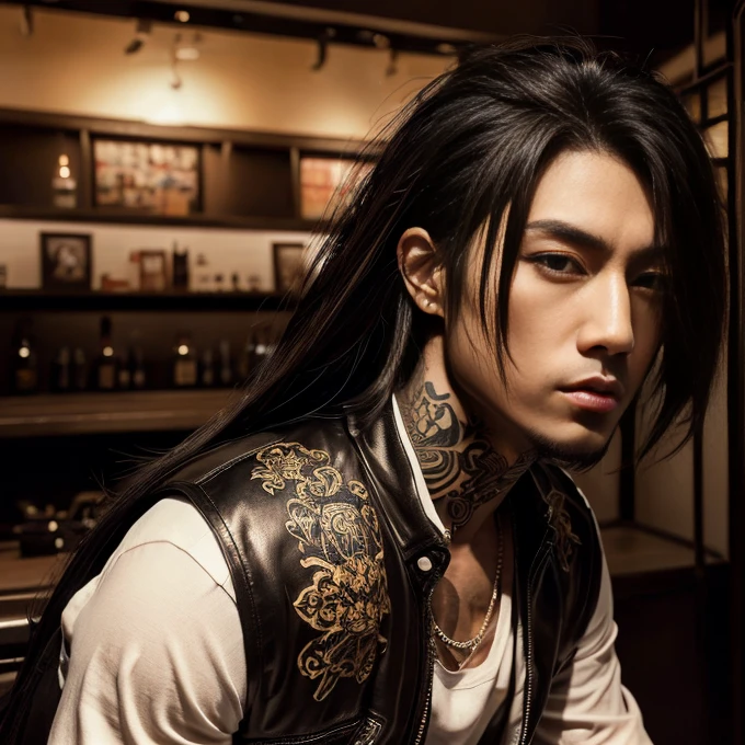 Long curly hair parted down the middle to the neck, tattoo neck, asian man, ultra-detail, high resolution, realistic, master piece, blood splashes on the face, scary smile