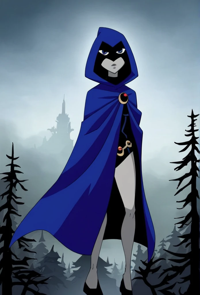 1girl, solo, raven (dc), purple eyes,  purple hair, grey skin, forehead jewel, blue cape covering whole body, long blue cape, cape reaches the ground, floating, night, fog, forest, city, hood covered head, Looking at viewer, High Resolution, Best Quality, Masterpiece, 