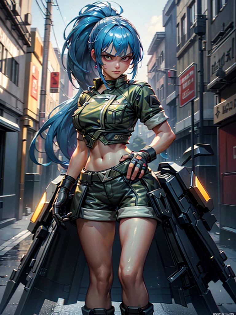 (at night), alone, in a video game scene a background of a beautiful city during the day raining, standing at attention, blue hair, wears a ponytail in her hair, 1 girl, alone, 30 years old, young woman, uses military clothing, military shorts, military boots, military gloves, military navel blouse, perfect hands, beautiful and perfect fingers, beautiful legs, perfect legs, beautiful body, beautiful nose, beautiful character design, perfect face, look at the viewer with a angry gesture, in attack position (focusing on his face), closed mouth, Light_Smile, official art, extremely detailed CG unity 8k wallpaper, perfect lighting, bright and colorful front lighting, glowing skin (masterpiece: 1.0), (best_quality: 1.0), ultra high resolution, 4K, ultra detailed photography, 8K, HDR, high resolution, nonsense: 1.2, Kodak portra 400, film grain, blurred background, bokeh: 1.2, lens flare, (vibrant_color: 1.2 ), professional photography, (beautiful_face: 1.5), (narrow waist),
