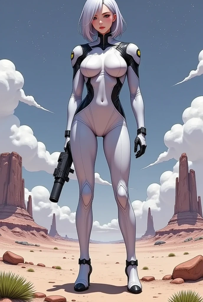 ((High quality)), ((masterpiece)), (futuristic alien landscape), (dramatic atmospheric lighting), (8K resolution), (vivid colors and high contrast), (mystical, otherworldly ambiance), (epic sci-fi setting).

In the foreground, a stunning, armored female astronaut stands on the rocky surface of an alien planet, her posture strong and fearless. Her figure is accentuated by a sleek, high-tech exosuit that contours to her curvy, athletic body, with glowing energy lines tracing along her arms and legs. Her helmet visor reflects the alien landscape—a vast desert of bioluminescent plants and towering, jagged rock formations, all under the eerie light of two distant moons.

The sky above is filled with swirling nebulas and distant stars, casting surreal, multi-colored hues over the planet’s surface. Her hand rests confidently on a plasma rifle, ready for anything this alien world might hold. Her piercing gaze shines through the visor, a look of awe and determination as she takes in the breathtaking, dangerous beauty of this new frontier.