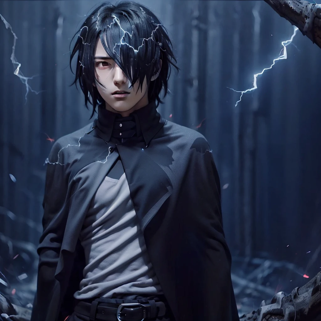 Sasuke uciha, 1boy, grey shirt, black cloak, black hair, red eyes, blue lightning backround