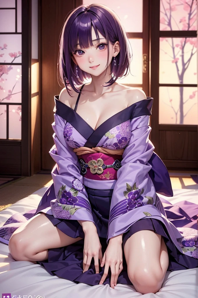 ((masterpiece, super high quality, high resolution, ultra high definition 8K quality)), one woman, beautiful and detailed perfect face, perfect and incomparably beautiful body, curved body, but slender body, (((beautiful and perfect eyes, sparkling clear big purple eyes, very long eyelashes))), bright and beautiful youthful face, shining white skin, the most beautiful skin, shining pink lips, (((the most beautiful shining purple in the world, thin hair, Updo hairstyle))), (((shiny beautiful bangs bangs))), very beautiful and adorable 20 years old, the most beautiful girl in the world, big ample breasts, (((beautiful smile))), sexually excited expression, ((Front view, elegant standing pose)), (((cool color Yukata obi, Kanzashi earrings ring and Beautiful dressing))), Background: Fireworks in the night sky