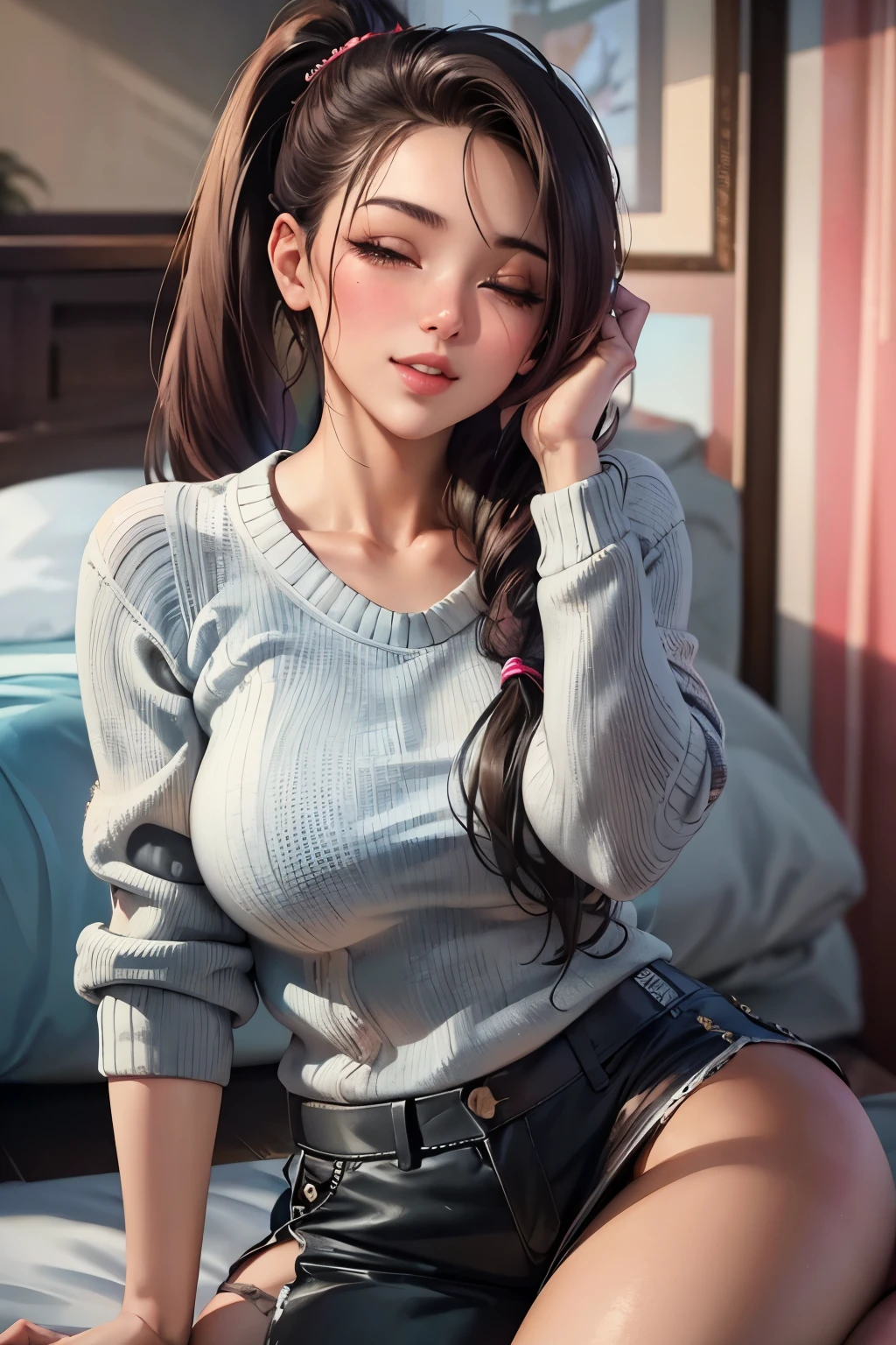 Amazing portrait of a sexy woman wearing her luscious hair in a cute ponytail, seductively gazing and smiling, soft lips, parted, blushing intensely, smiling, sweater, cargo pants, medium chest, perfect body, lying down on bed