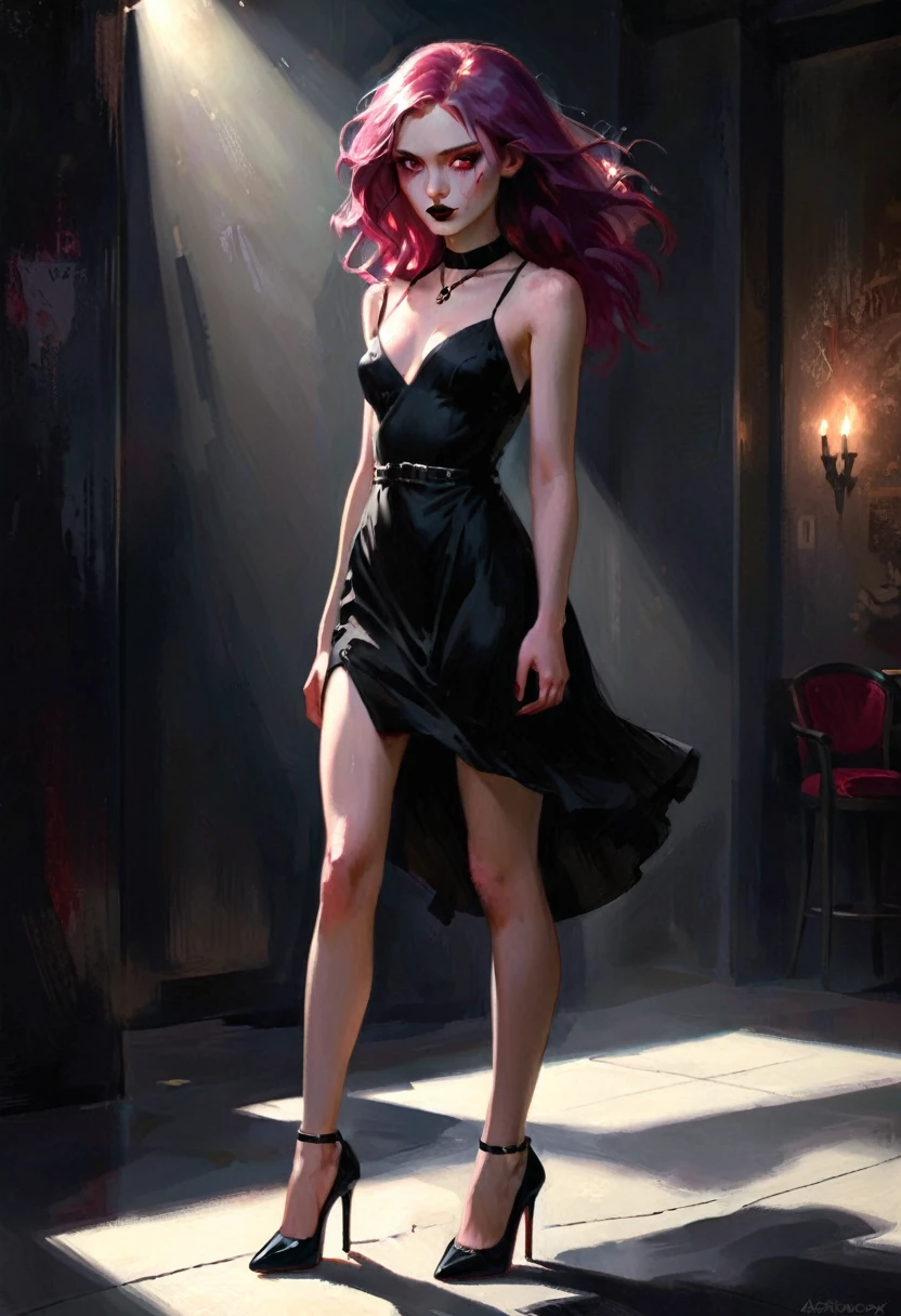 Night club, enjoying a cocktail, flirting,(seductive). Hey, wanna fuck?
((realistic illustration:1.4)). beautiful 22yo Russian woman, ((revenant)), long magenta hair, fire red eyes,(Eurasian),perfect figure, small natural breasts.nice legs,((ashen complexion, very pale:1.4)),  ((lustful eyes, naughty smile)). Eyeshadow, mascara, black lipstick. choker, black dress, pumps..Passionate lust, violent desire that will not be denied. ID unleashed, insatiable craving. (moody lighting, core shadows, high contrast)