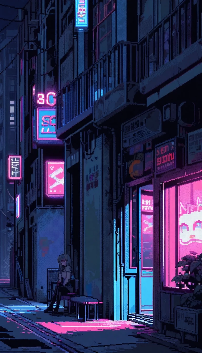 score_9, score_8_up, score_7_up, score_6_up, masterpiece, high quality, best quality, pixel art, 1girl, sitting by the window, back alley, neon light, night street, wide shot, neon light illuminates the room