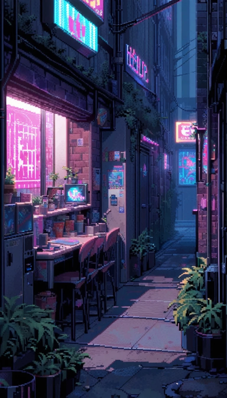 score_9, score_8_up, score_7_up, score_6_up, masterpiece, high quality, best quality, pixel art, 1girl, sitting by the window, back alley, neon light, night street, wide shot, neon light illuminates the room