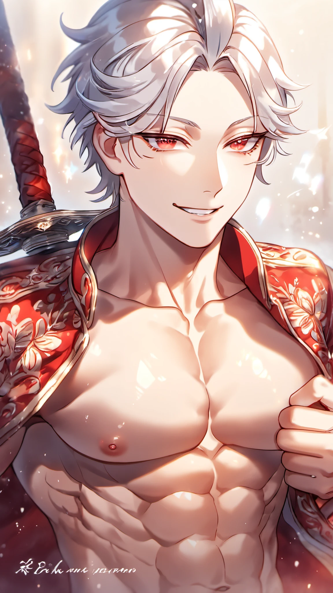 absurd, Hi-Res, Super detailed, Hi-Res, Masterpiece」, Best Quality, detail face , Elegant Features, detail eyes , A silver-haired , expressive red eyes, His eyelashes are silver , The S-class I raised, Alone, sexy man, handsome, Functional, Adult face, smile, Lifted breasts, Well-trained, supple pectoral muscles and abs 、Swinging a Sword、bare chest, ( I wear a jacket with gold embroidery on my shoulders) fantasy, Magical, hot