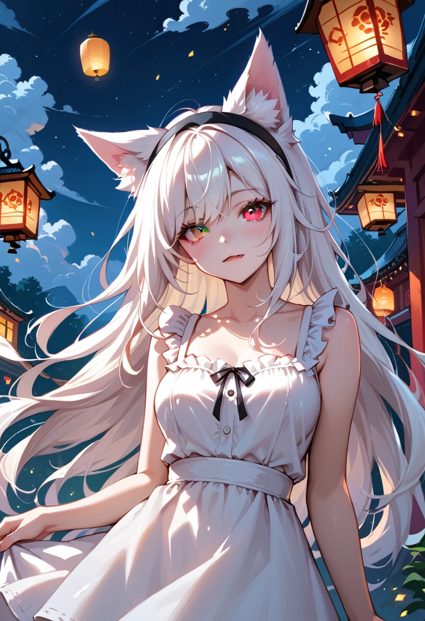 1girl, solo, floating hair, :o, fang, blush, red eyes, green eyes, black headband, hair intakes, white hair, absurdly long hair, heterochromia, fox ears, sundress, white dress, slit pupils, crossed bangs, paper lantern, sky lantern, night, looking up, cloud, upper body, looking afar, dark
