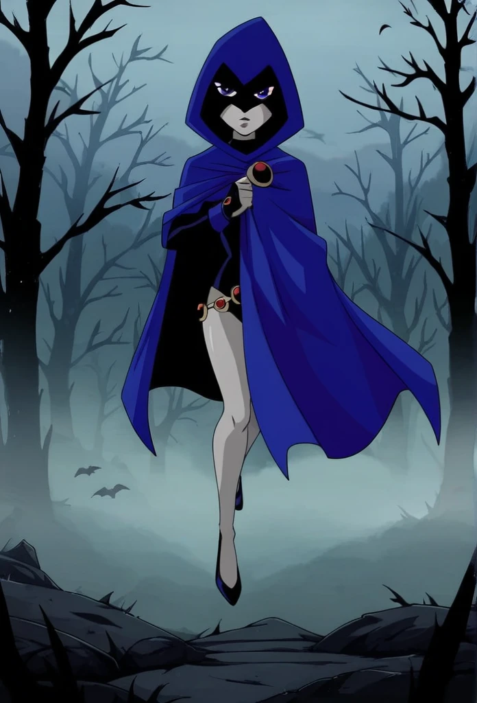 1girl, solo, raven (dc), purple eyes,  purple hair, grey skin, forehead jewel, blue cape covering whole body, long blue cape, grabbing cape, floating, night, fog, forest, city, hood covered head, Looking at viewer, High Resolution, Best Quality, Masterpiece, 