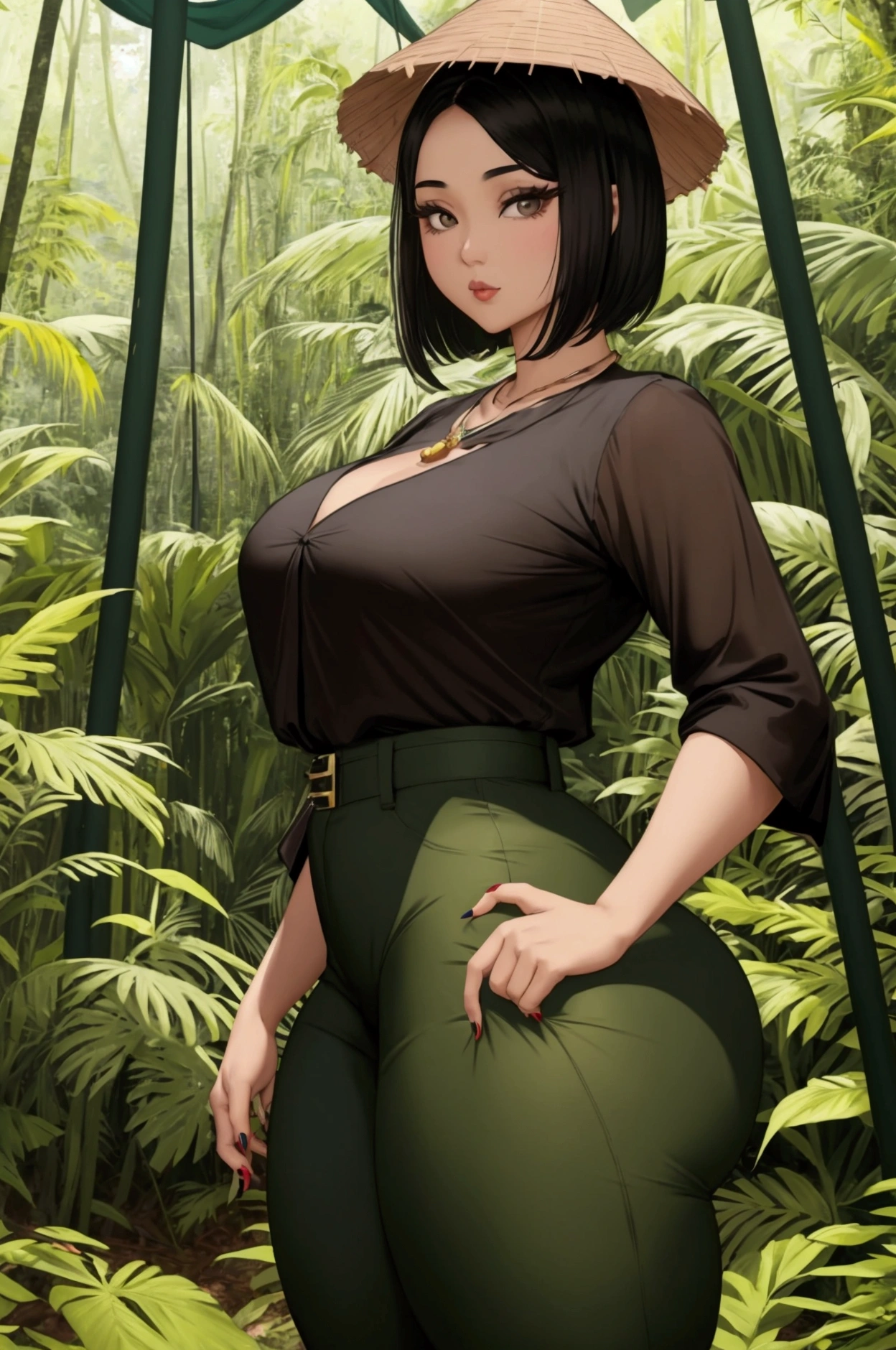 One black haired vietnamese women, huge amazing ass, thick thighs, bbk, pretty feminine face, small waist, 29 years old, short black hair, wearing green blouse, lightbrown cargopants, green buckethat, white nailpolish, necklace standing in a beautifiul forest infront of a tent