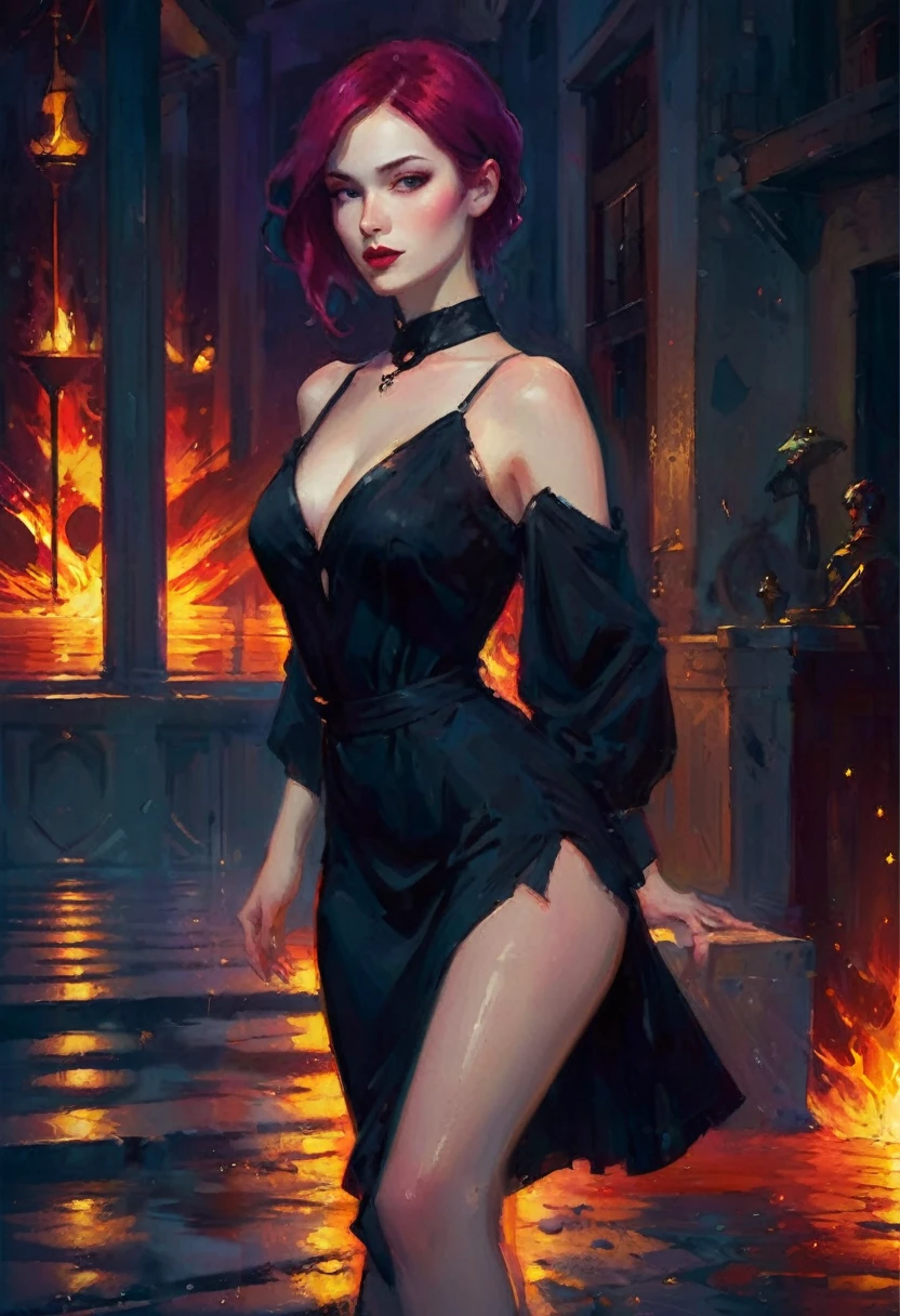 Night club, enjoying a cocktail, flirting,(seductive). Hey, wanna fuck?
((realistic illustration:1.4)). beautiful 22yo Russian woman, ((revenant)), long magenta hair, fire red eyes,(Eurasian),perfect figure, small natural breasts.nice legs,((ashen complexion, very pale:1.4)),  ((lustful eyes, naughty smile)). Eyeshadow, mascara, black lipstick. choker, black dress, pumps..Passionate lust, violent desire that will not be denied. ID unleashed, insatiable craving. (moody lighting, core shadows, high contrast)