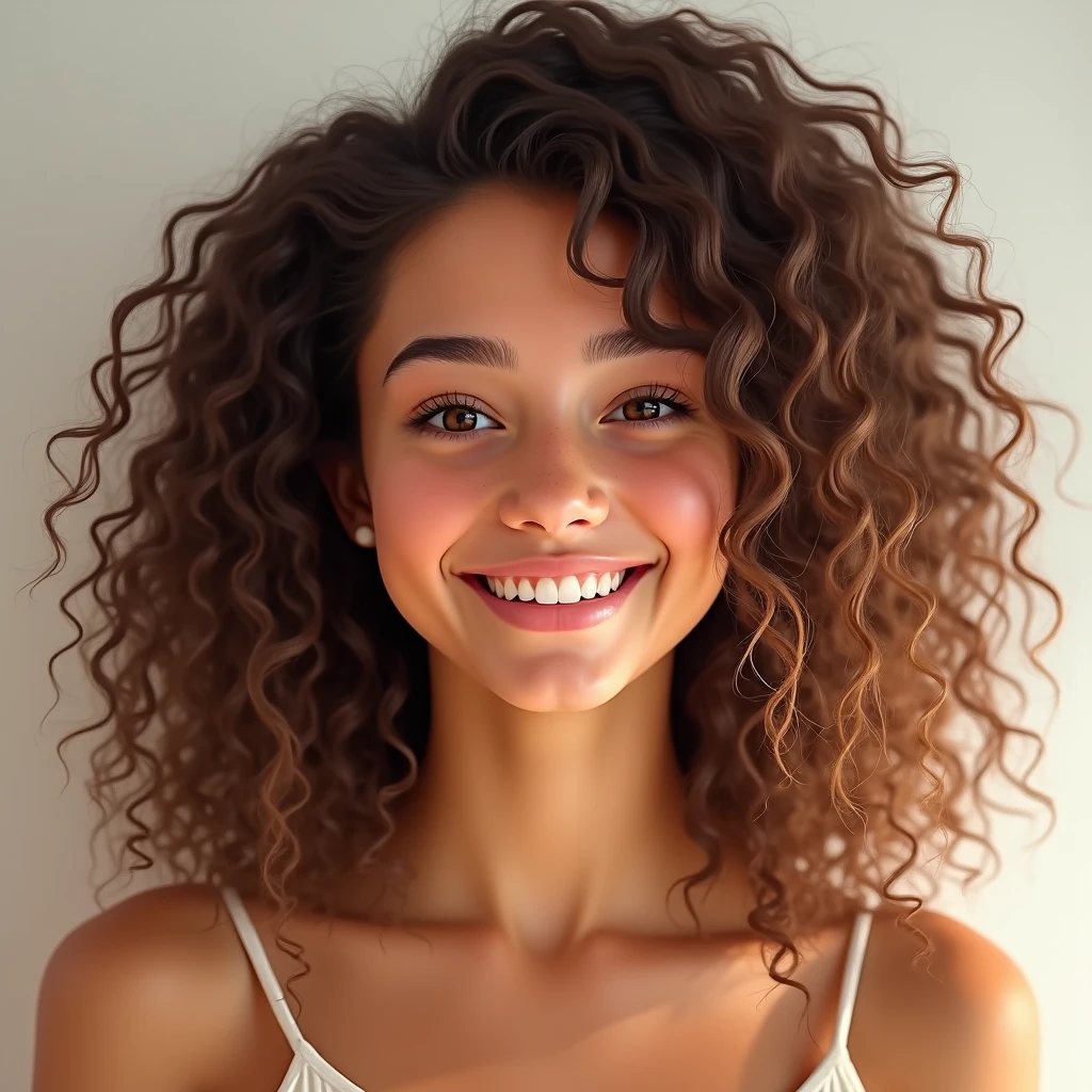 Portrait of a smiling curly haired brunette woman - SeaArt AI