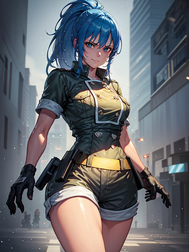 (at night), alone, in a video game scene a background of a beautiful city during the day raining, standing at attention, blue hair, wears a ponytail in her hair, 1 girl, alone, 30 years old, young woman, uses military clothing, military shorts, military boots, military gloves, military navel blouse, perfect hands, beautiful and perfect fingers, beautiful legs, perfect legs, beautiful body, beautiful nose, beautiful character design, perfect face, look at the viewer with a angry gesture, in attack position (focusing on his face), closed mouth, Light_Smile, official art, extremely detailed CG unity 8k wallpaper, perfect lighting, bright and colorful front lighting, glowing skin (masterpiece: 1.0), (best_quality: 1.0), ultra high resolution, 4K, ultra detailed photography, 8K, HDR, high resolution, nonsense: 1.2, Kodak portra 400, film grain, blurred background, bokeh: 1.2, lens flare, (vibrant_color: 1.2 ), professional photography, (beautiful_face: 1.5), (narrow waist),
