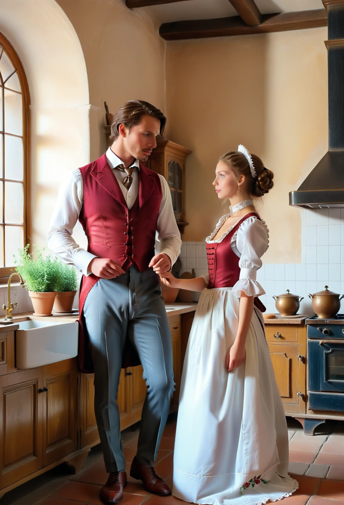 Ancient castle. The gentleman and his maid, hard fucking in the kitchen.