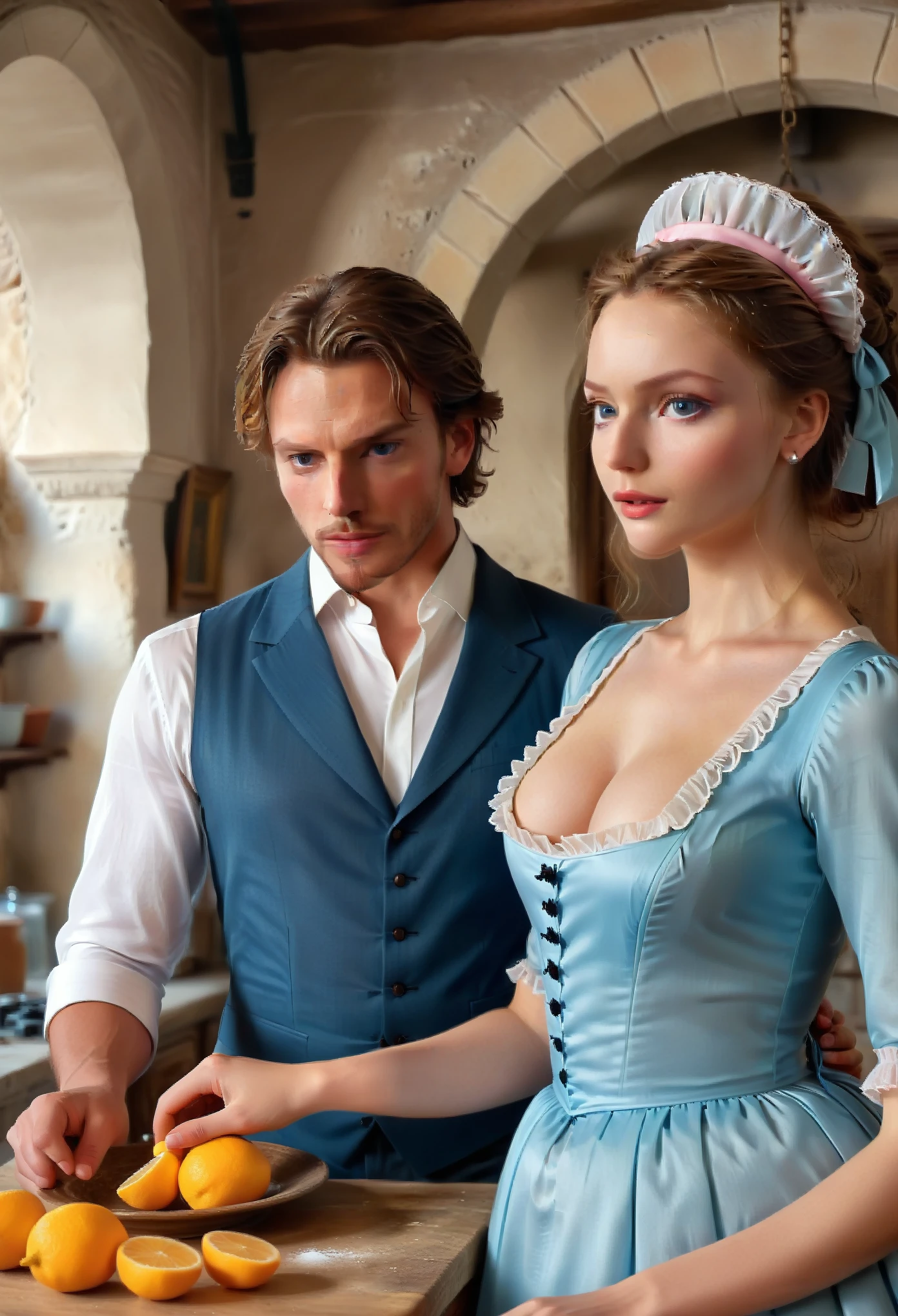 Ancient castle. The gentleman and his maid, hard fucking in the kitchen.