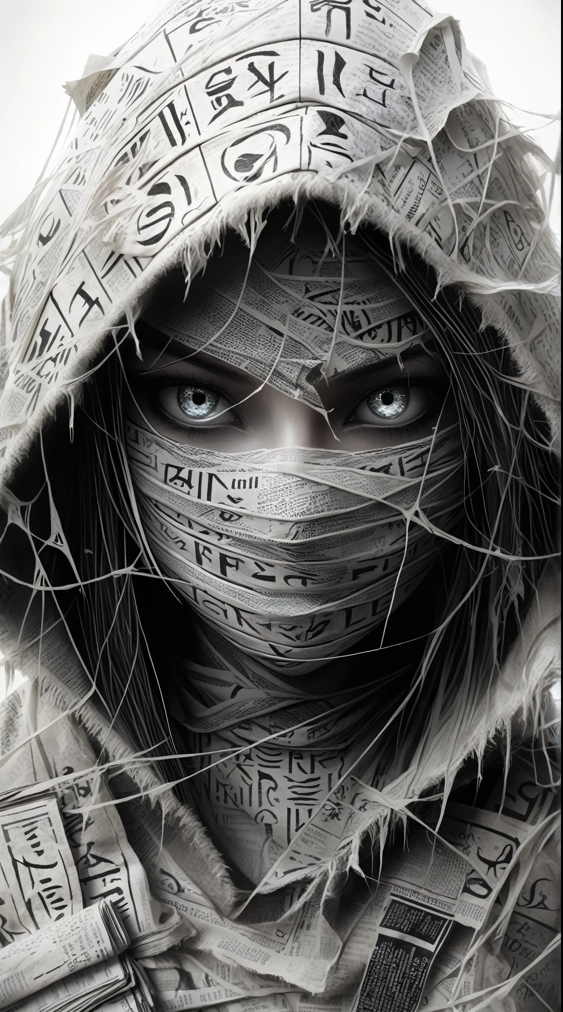  edited image of a woman with a hood covered with newspaper, covered with runes, Mother portrait , Girl with white eyes,  white frightening skin ,  veiled woman , Terrible digital art,  veiled face , Mysterious woman , Dark, but detailed digital art,  fantasy horror art , 4k highly detailed digital art,  veiled face ,  detailed digital art in 4K 