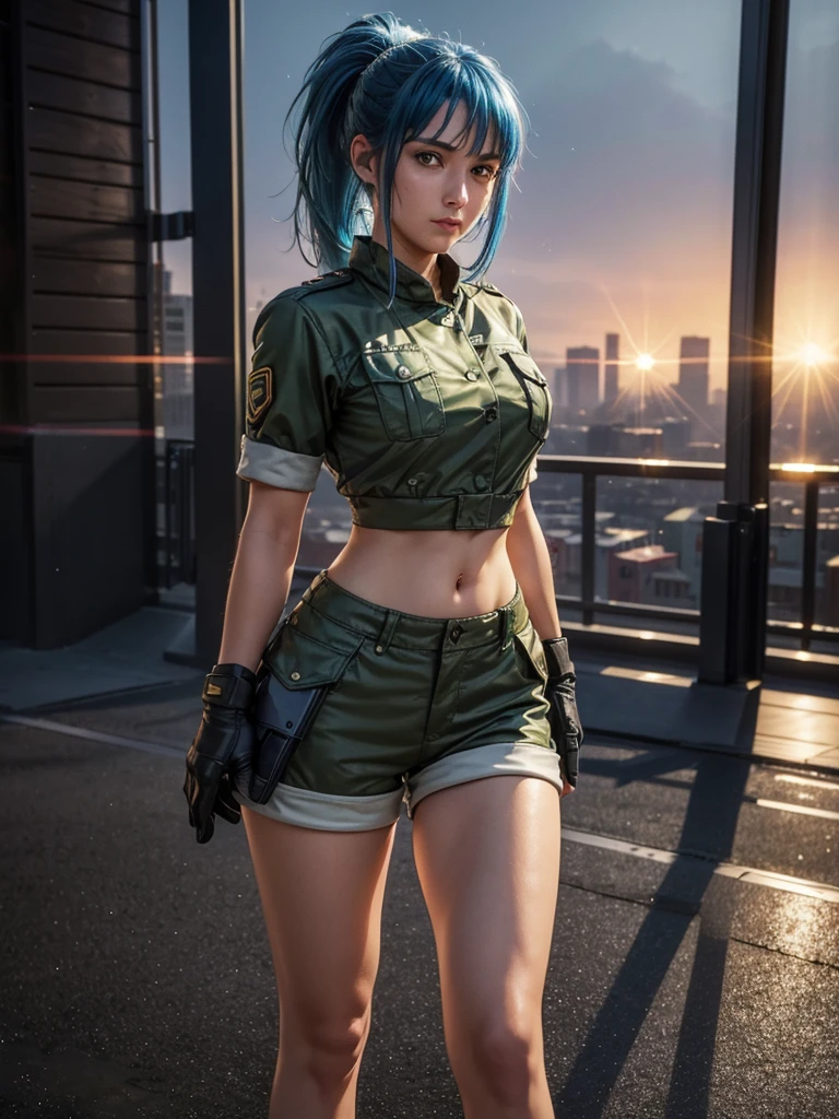 (at night), alone, in a video game scene a background of a beautiful city during the day raining, standing at attention, blue hair, wears a ponytail in her hair, 1 girl, alone, 30 years old, young woman, uses military clothing, military shorts, military boots, military gloves, military navel blouse, perfect hands, beautiful and perfect fingers, beautiful legs, perfect legs, beautiful body, beautiful nose, beautiful character design, perfect face, look at the viewer with a angry gesture, in attack position (focusing on his face), closed mouth, Light_Smile, official art, extremely detailed CG unity 8k wallpaper, perfect lighting, bright and colorful front lighting, glowing skin (masterpiece: 1.0), (best_quality: 1.0), ultra high resolution, 4K, ultra detailed photography, 8K, HDR, high resolution, nonsense: 1.2, Kodak portra 400, film grain, blurred background, bokeh: 1.2, lens flare, (vibrant_color: 1.2 ), professional photography, (beautiful_face: 1.5), (narrow waist),
