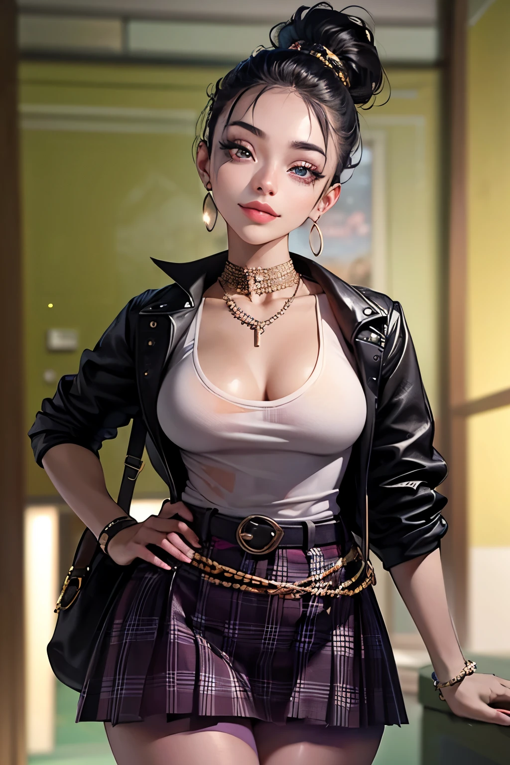Amazing portrait of the upper body of a young woman who is 20 years old with a beautiful and highly detailed face and skin texture with fine eyes with double eyelid and thin eyebrows and glitter eyeliner with natural cheeks and shiny skin wearing a checked shirt tucked into skirt with a belt paired with a sparkly necklace and earrings with glossy lips parted in an enchanting smile with short bob hair with focus on her chest and face with this upper body shot and her small breasts