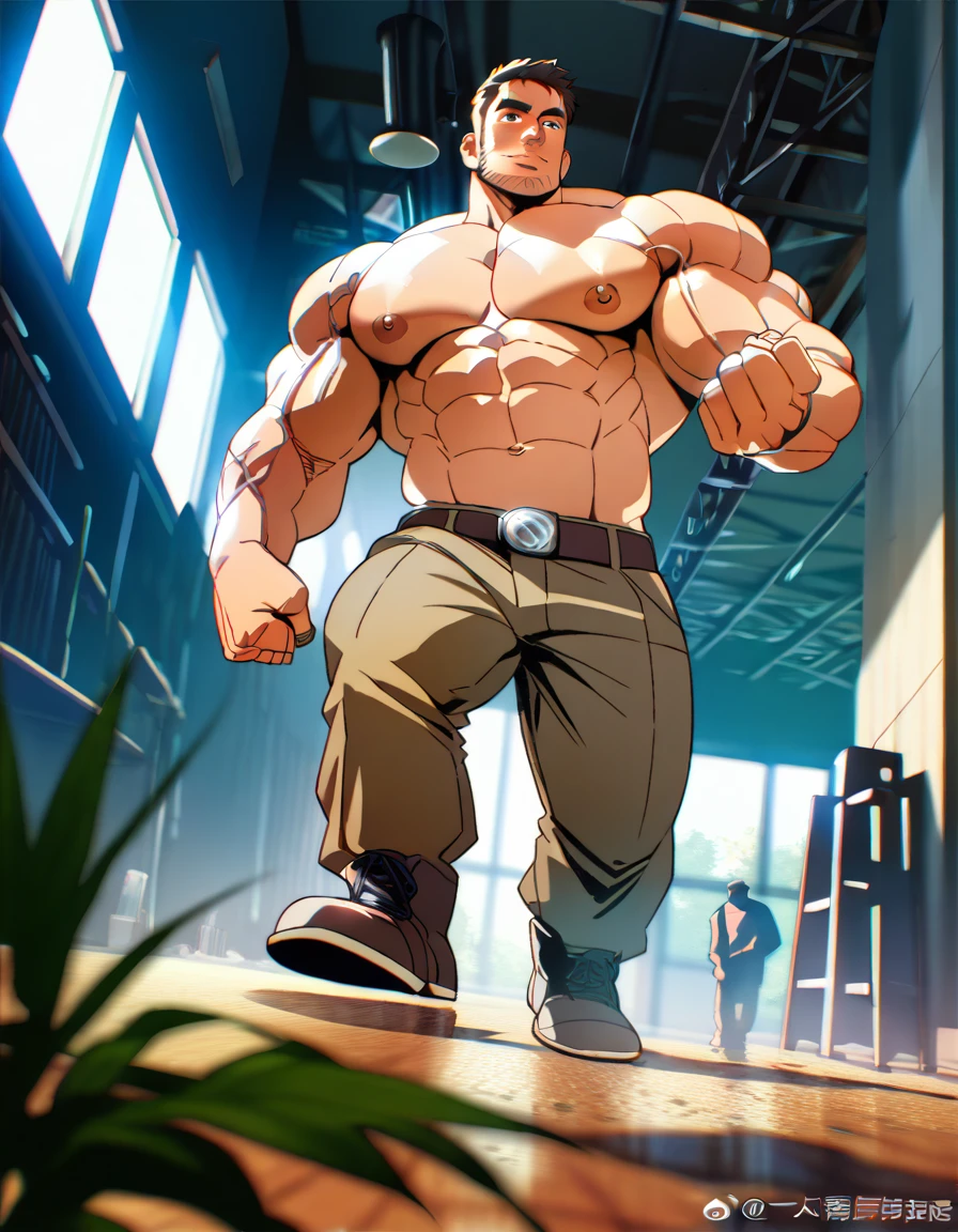 absurdres, highres, ultra detailed, HDR, masterpiece, Ren Zotto, vtuber, black hair, expressive red eyes, demon, black horns, 1man, handsome, black leather jacket, inside a dungeon, cave. A teen (Young face) 15 year old teenager (15 years old) very attractive boy, standing, full body. Mexican ethnicity. tanned skin, short hair bangs that fall on both sides of his youthful face. carefree expression, young man, alone, marked muscles, beautiful musculature, aesthetic stretch marks, inspiring physique, slender muscles, square pecs, beautiful V-cone, excellent abs and torso, chiseled abs, pectorals chiseled, perfect massive muscles, inflated muscles, voluminous pectorals, massive muscular body, a huge gigantic chest with a narrow waist, huge shoulders, ridiculously well-shaped large pecs, eight chiseled abs, (very toned and huge) with his military haircut and voluminous neck, narrow waist, golden eyes, young face, beautiful, young. Teen muscular young bodybuilder with extraordinary and firm back, chiseled muscles, rhomboid muscles, latissimus dorsi. Gigachad. He wears a leather jacket (JACKET) that reaches the height of his ribs and is open. (Bare torso) and tight black leather pants, bulge chest, he does not use a belt. He is shirtless under his jacket, which highlights his prominent abs and pectorals. He doesn't wear a belt. His muscles stand out. Ruins of greek temple background. Standing, full body. (((black latex pants))) (((Exposed muscular torso. Open jacket.)))