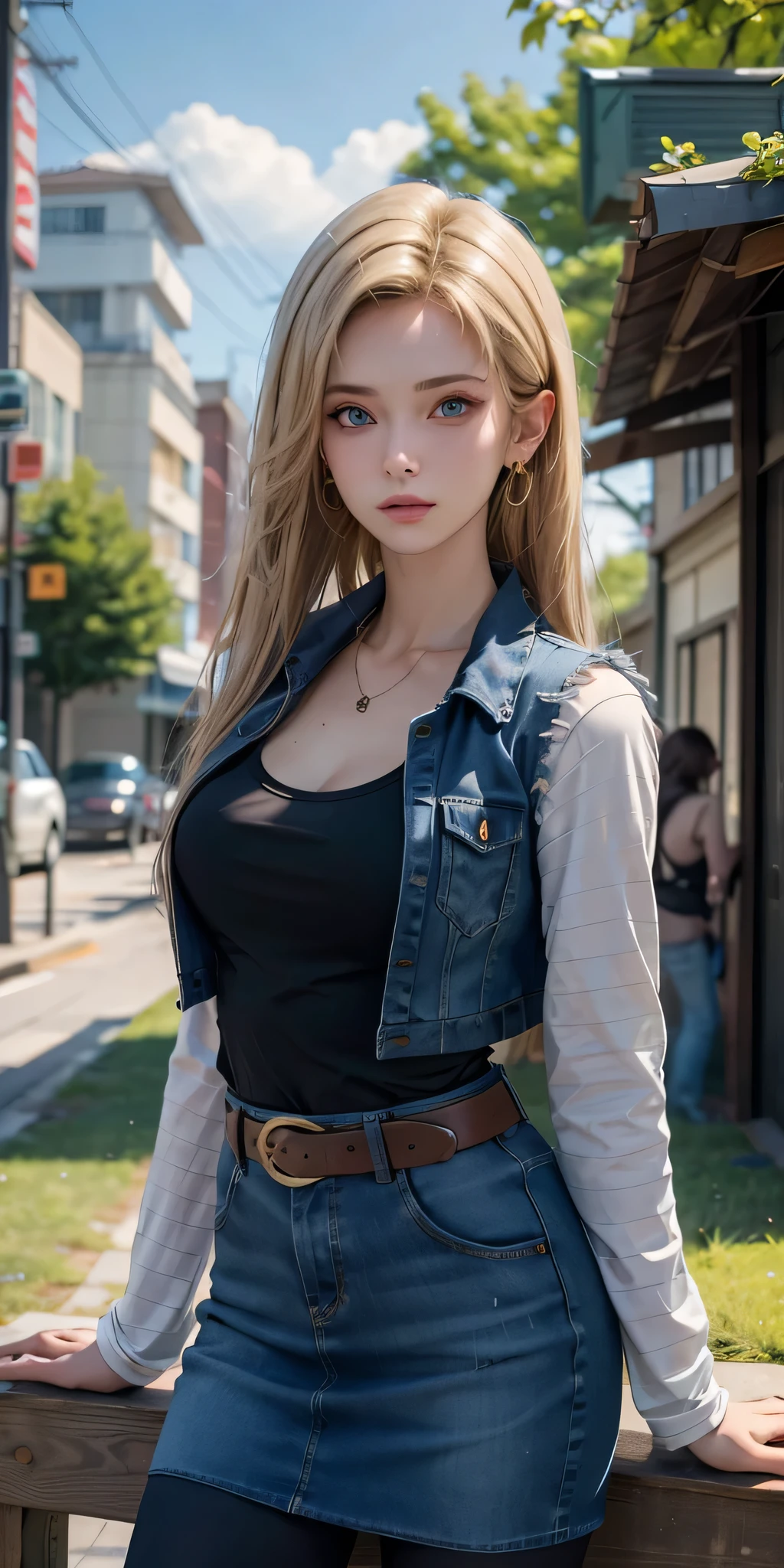 One girl wears a denim skirt and a Black T-shirt with high cleavage shirt standing in front of the window, Young beautiful amouranth, hyper realistic anime, seductive anime girl, perfect android girl, photorealistic perfect body, realistic anime 3d style, beautiful blonde girl, beautiful alluring anime woman, hyperrealistic schoolgirl, sexy look, cyberpunk 2 0 y. o model girl, attractive anime girl, Android 18 solo, Maximum Length Hush Cut Hair,Light Blonde hair, Blue Transparent eyes of Slavic Caucasians, The flash in the eyeballs is brilliant, Wearing round earrings, Tight Long sleeves with black stripes on a white background, Blue denim mini vest, Blue denim mini skirt, The denim skirt's zipper seam line and stitching run vertically straight to the bottom of the skirt, Open-chested denim vest, Large breasts, Women's Western Cowboy Belt, Brown see-through pantyhose, Western short boots, Looking at viewer, Her whole body is visible on the screen, Her entire body is visible on the screen, from her head to her boots, On a bench, Slight smiling with closed lips standing next to bench , Blue sky, , outside, park, grass, Summer, trees, blue sky, high quality, masterpiece,